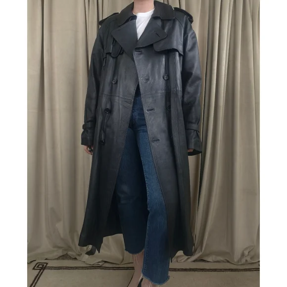 Vintage Black Genuine Leather Double Breasted Trench Coat - Picture 2 of 8